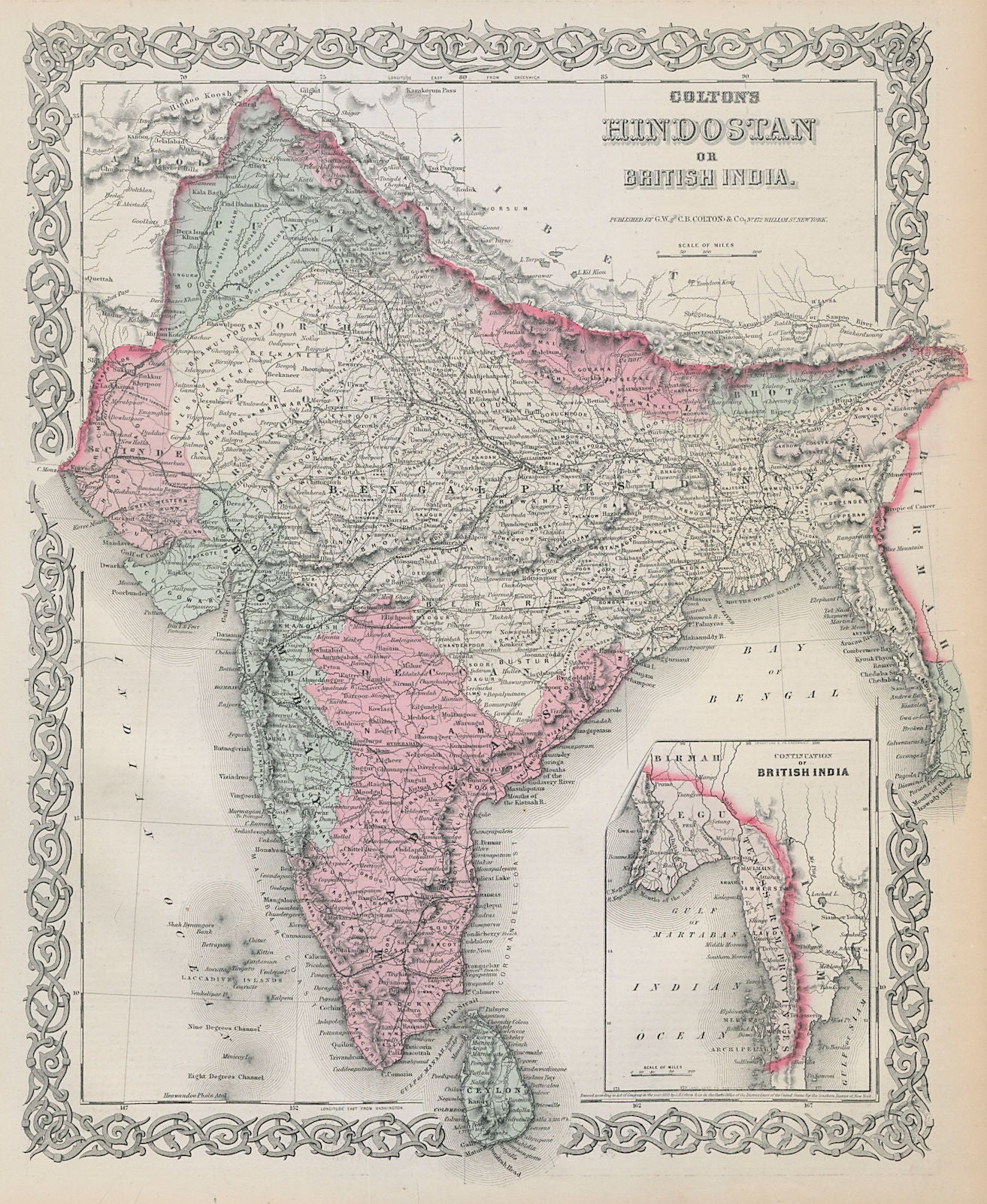 Colton's Hindostan or British India. Nepal Burma Bhutan Ceylon 1869 old map